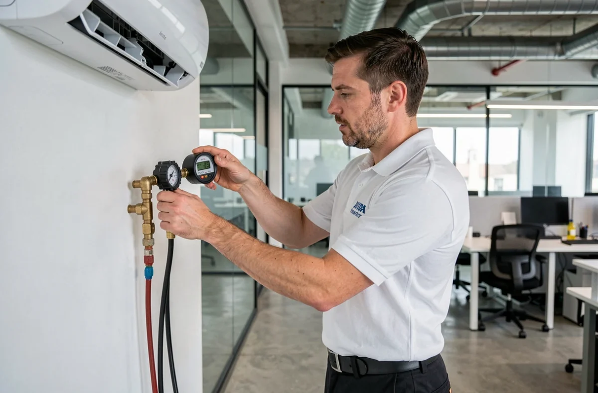 Technicien Stratherm vérifiant la pression du fluide frigorigène d'un climatiseur dans un bureau moderne