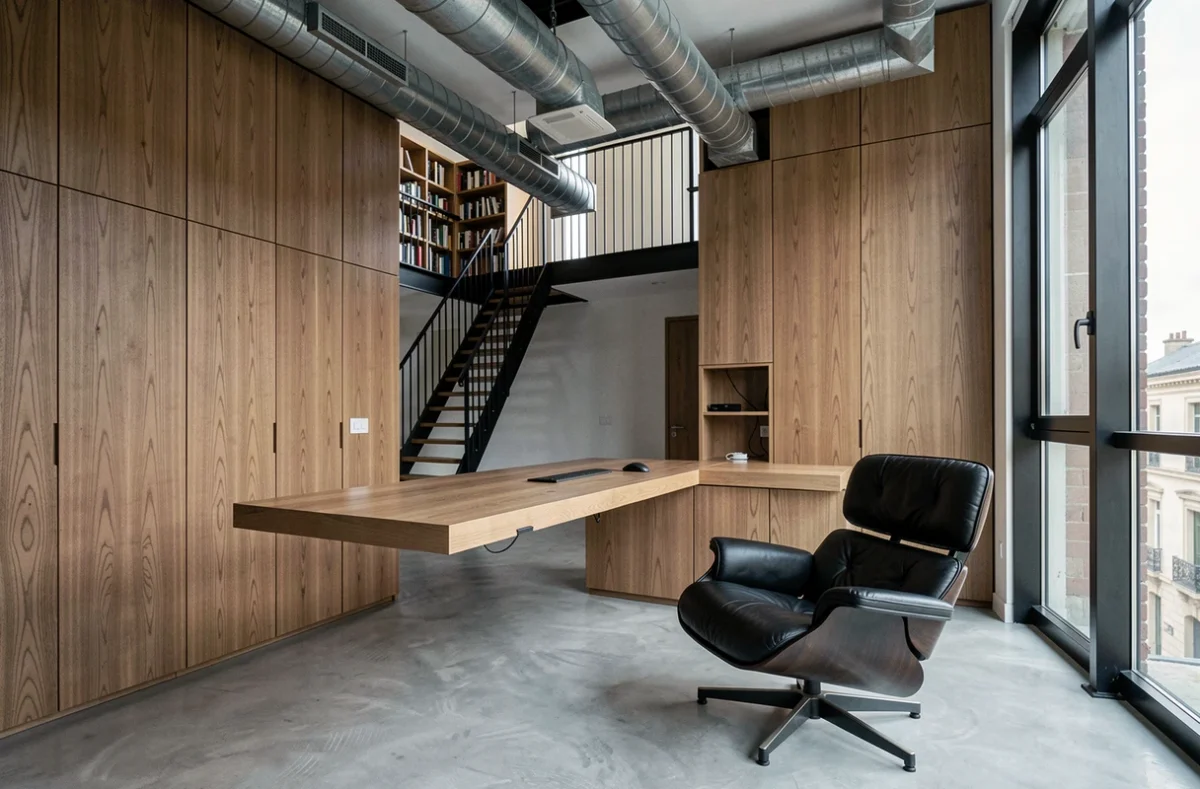 Bureau à domicile minimaliste en loft avec joinery en chêne fumé, sol en micro-ciment et chaise en cuir noir, projet Studio KASSIC Toulouse