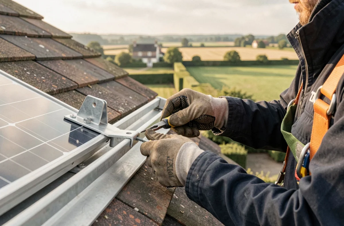 Spécialiste Suncap Energies ajustant les fixations de panneaux photovoltaïques sur une toiture inclinée en milieu rural normand