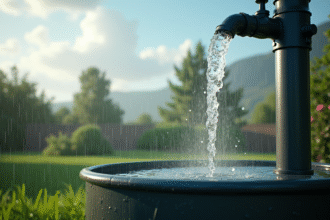 Réservoir d'eau de pluie dans un jardin vert et ciel clair