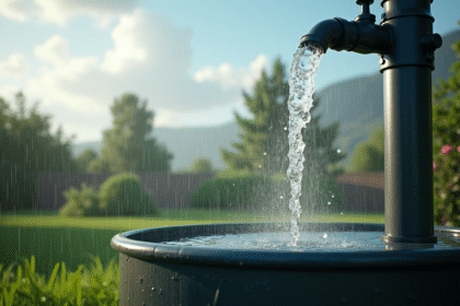 Réservoir d'eau de pluie dans un jardin vert et ciel clair