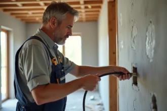 Technicien en overalls guidant un cable coaxial dans un mur en construction