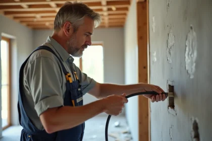 Technicien en overalls guidant un cable coaxial dans un mur en construction