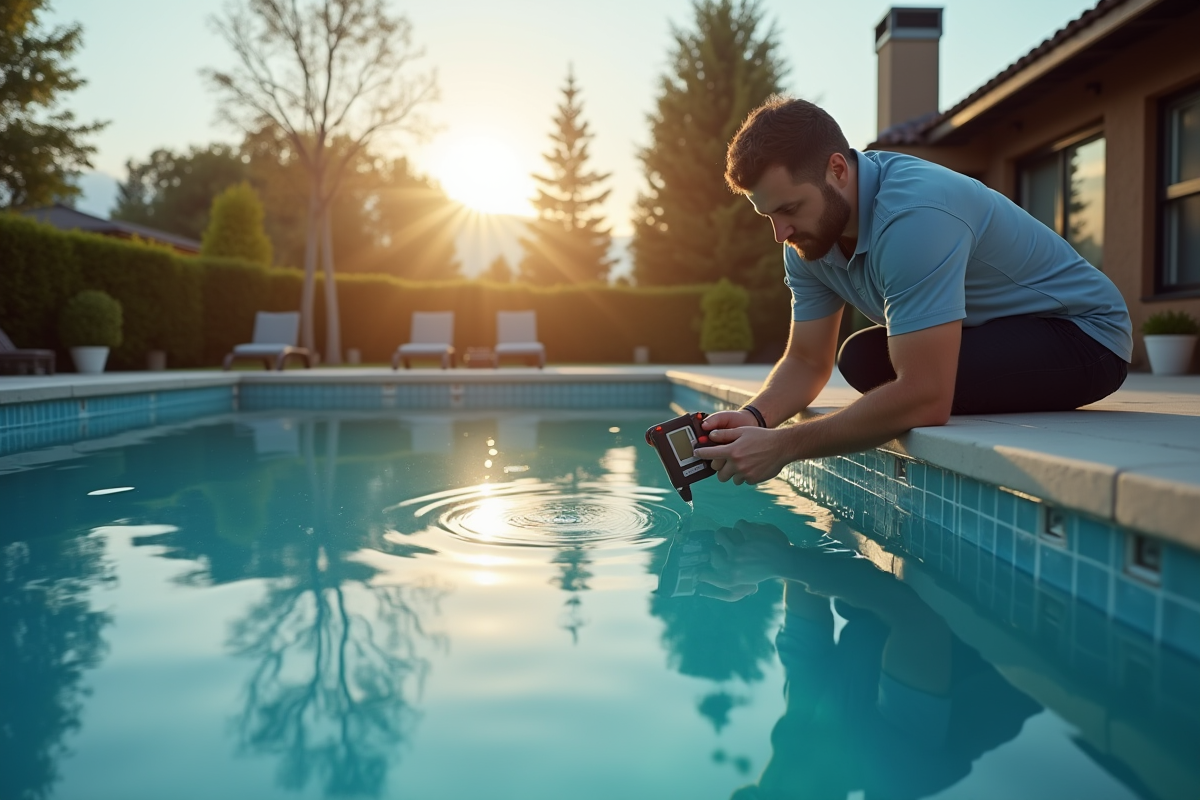 Technicien vérifiant le niveau minéral de la piscine au matin