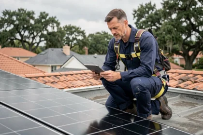 Technicien inspectant des panneaux solaires Tesla sur un toit résidentiel avec une tablette numérique