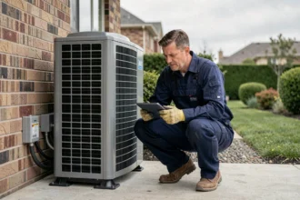 Technicien HVAC inspectant une pompe à chaleur air-eau Atlantic installée en extérieur sur la façade d'une maison individuelle