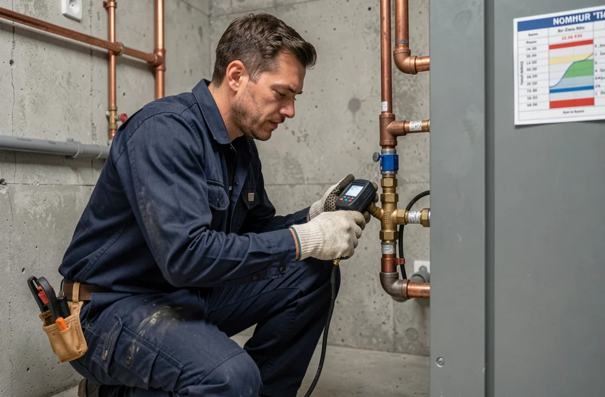 Technicien CVC inspectant une pompe à chaleur réversible dans une chaufferie intérieure