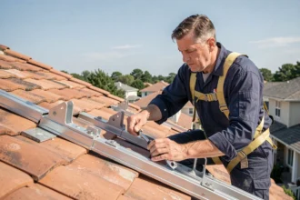 Technicien solaire inspectant des supports de fixation de panneaux solaires sur un toit en tuiles, avec harnais de sécurité et clé dynamométrique