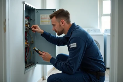 Technicien en uniforme inspectant un tableau électrique lors d'une intervention de service à domicile