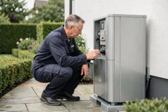 Technicien inspectant une pompe à chaleur de 25 kW installée à l'extérieur d'une grande maison