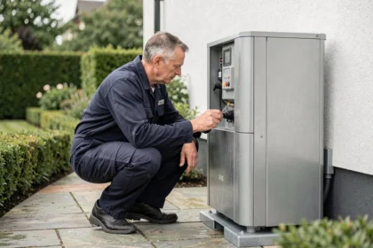 Technicien inspectant une pompe à chaleur de 25 kW installée à l'extérieur d'une grande maison