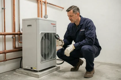 Technicien HVAC inspectant une pompe à chaleur eau/eau Viessmann dans une chaufferie technique