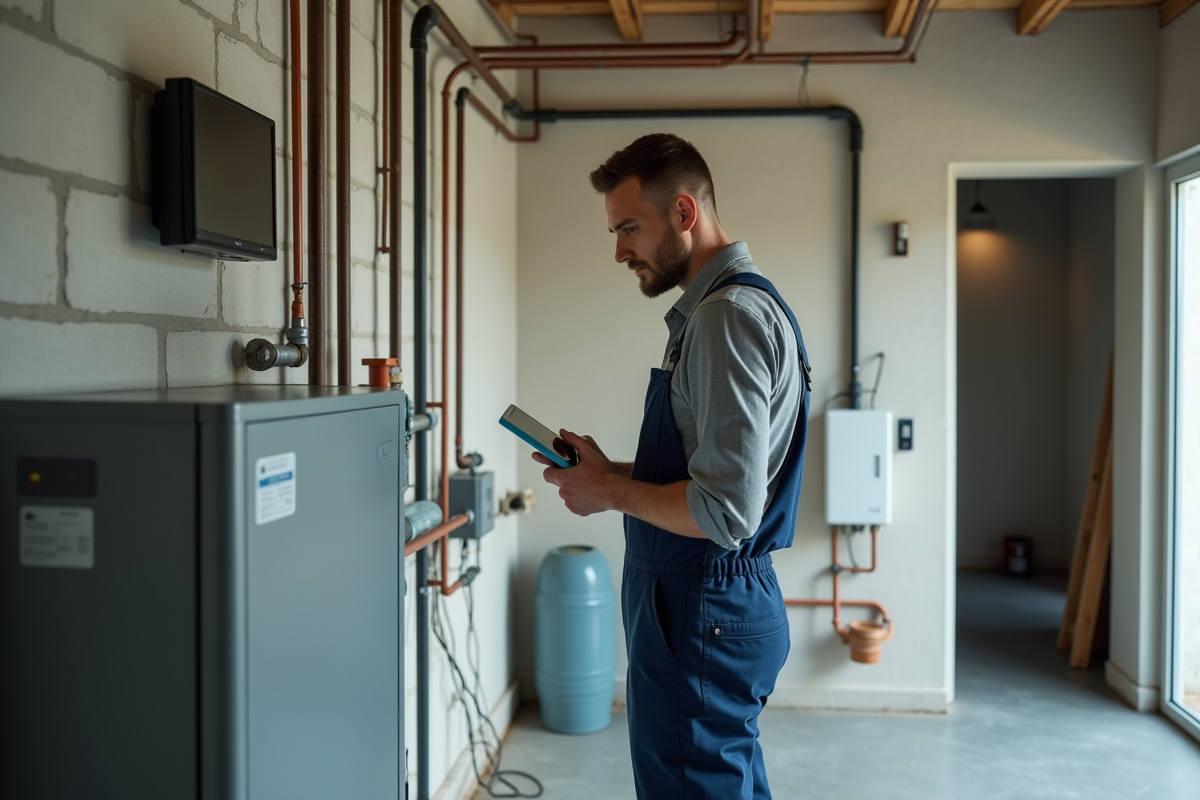 Technicien inspectant une pompe à chaleur géothermique dans une pièce technique