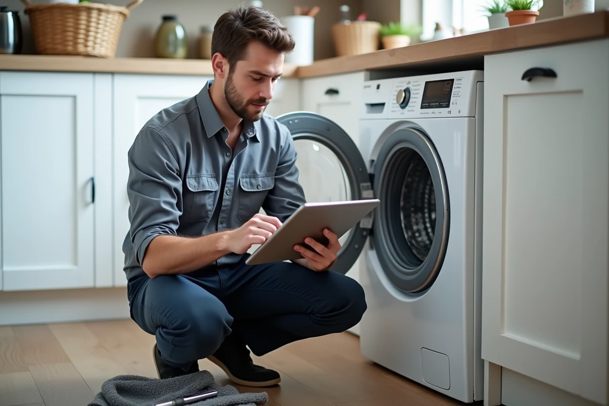Technicien de service à domicile consultant une tablette lors de la réparation d'un électroménager