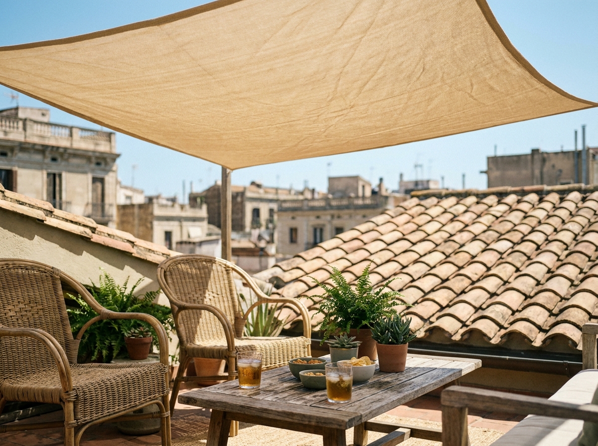 Terrasse de toit ombragée avec voile d'ombrage en toile beige et salon de jardin en rotin pour rester au frais en été
