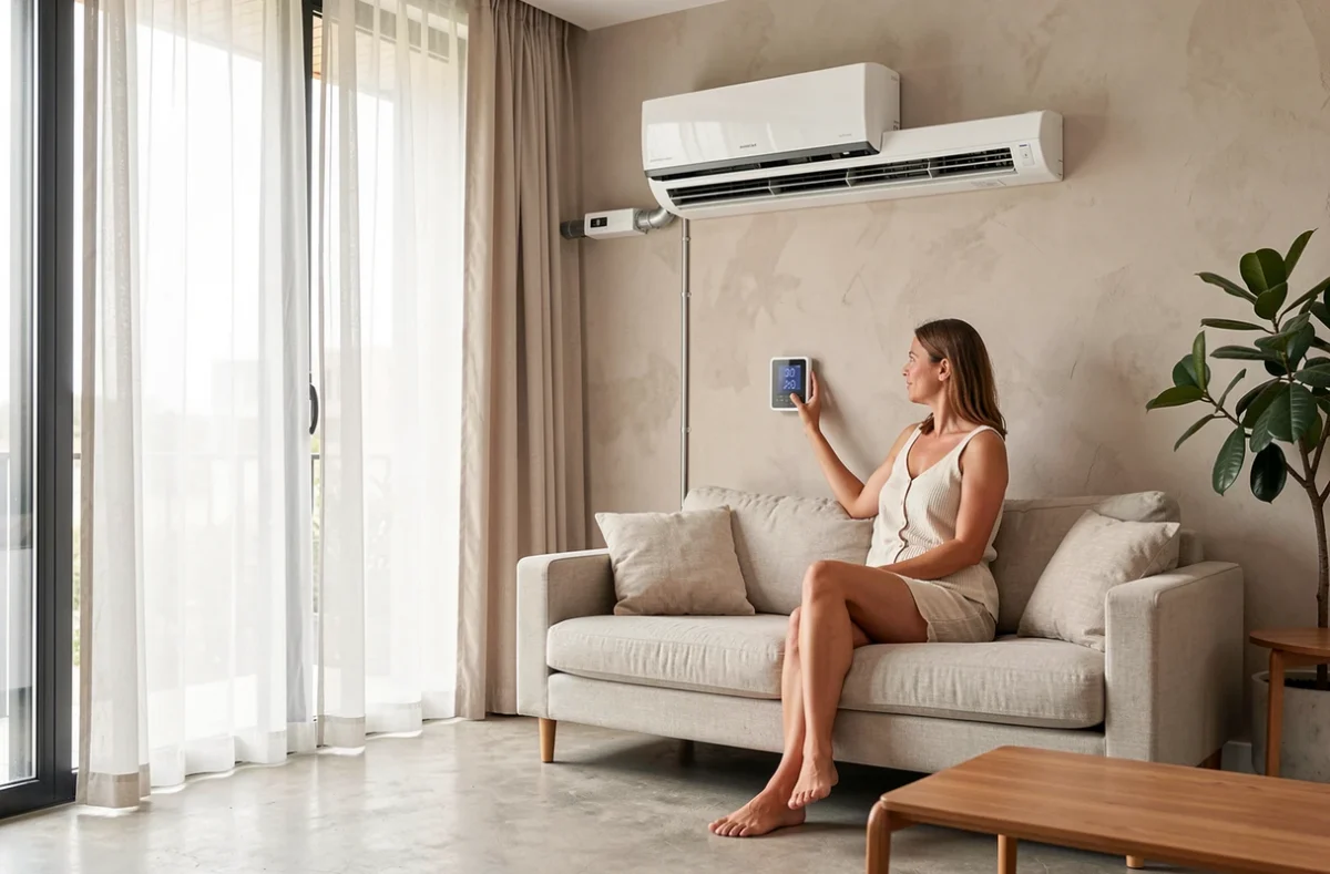 Femme réglant le thermostat d'un système de climatisation réversible dans un salon moderne