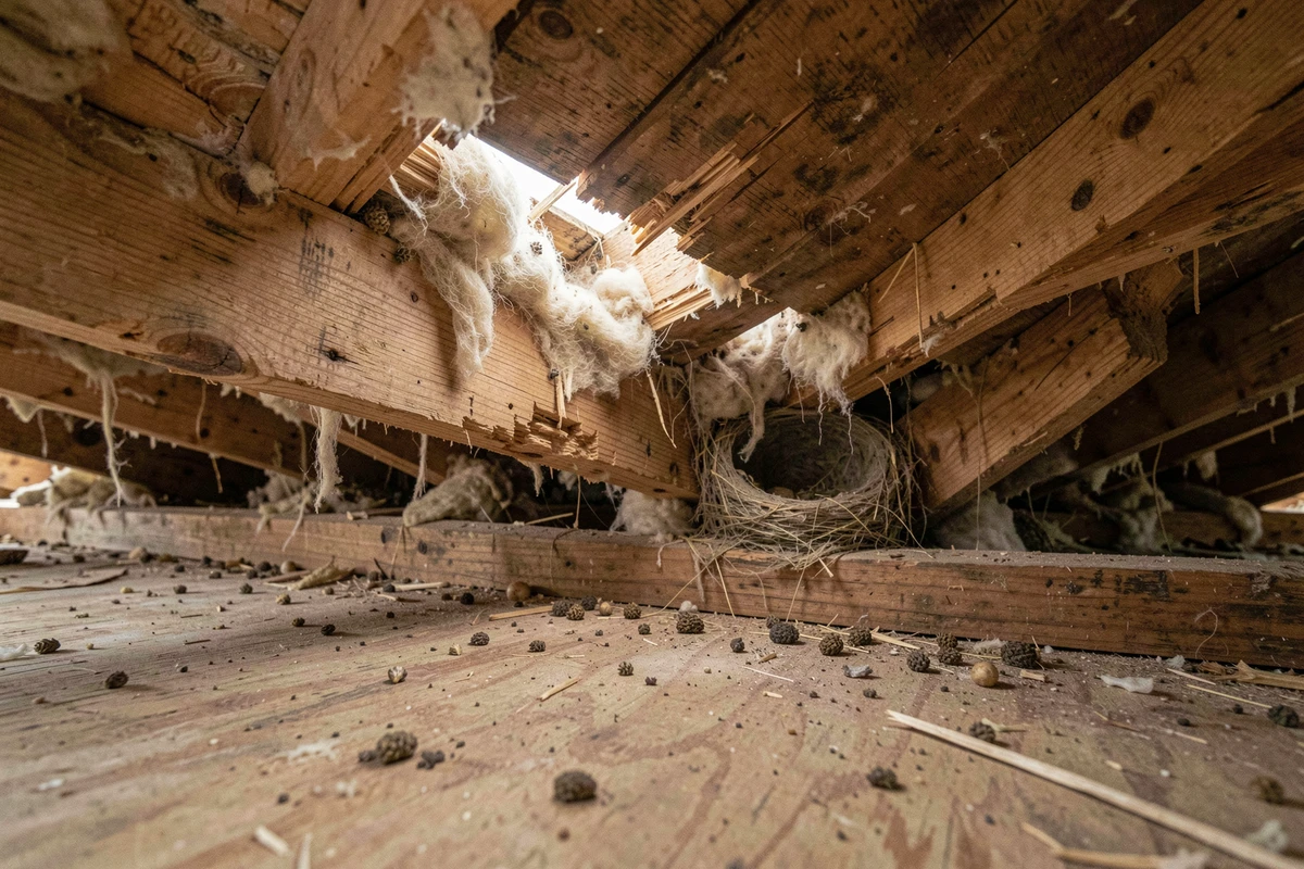 Traces de rongeurs dans un grenier : bois rongé, crottes et matériaux d'isolation déchirés comme signes d'infestation de loirs
