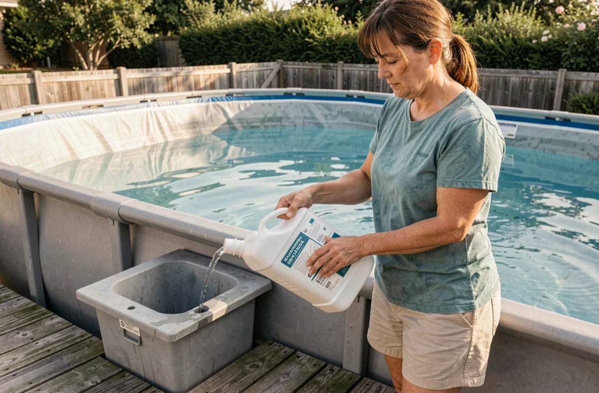 Femme versant de l'eau de javel dans le skimmer d'une piscine hors-sol de 50 m3
