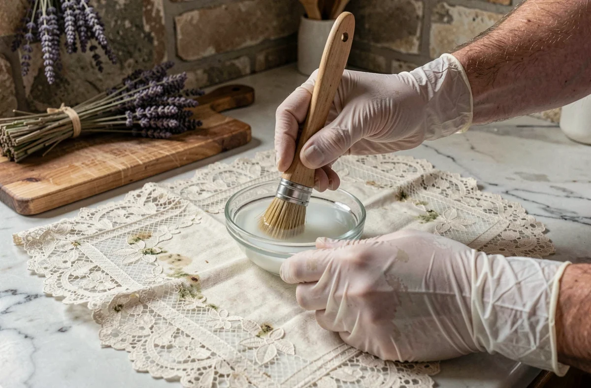 Mains gantées appliquant une solution de vinaigre blanc sur une dentelle ancienne pour éliminer la moisissure
