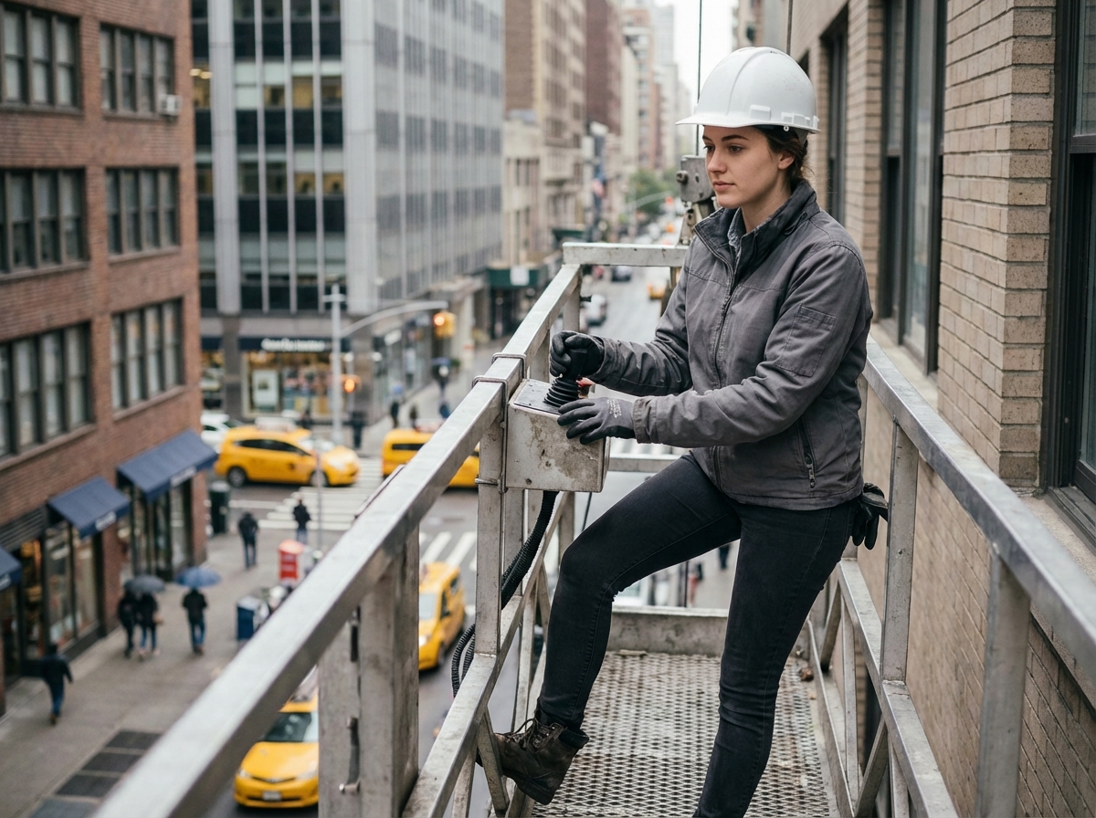 Jeune femme en sécurité sur une nacelle en ville
