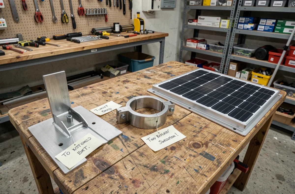 Différents types de supports de fixation pour panneaux solaires posés sur un établi d'atelier, avec crochets aluminium, rails et pinces inox
