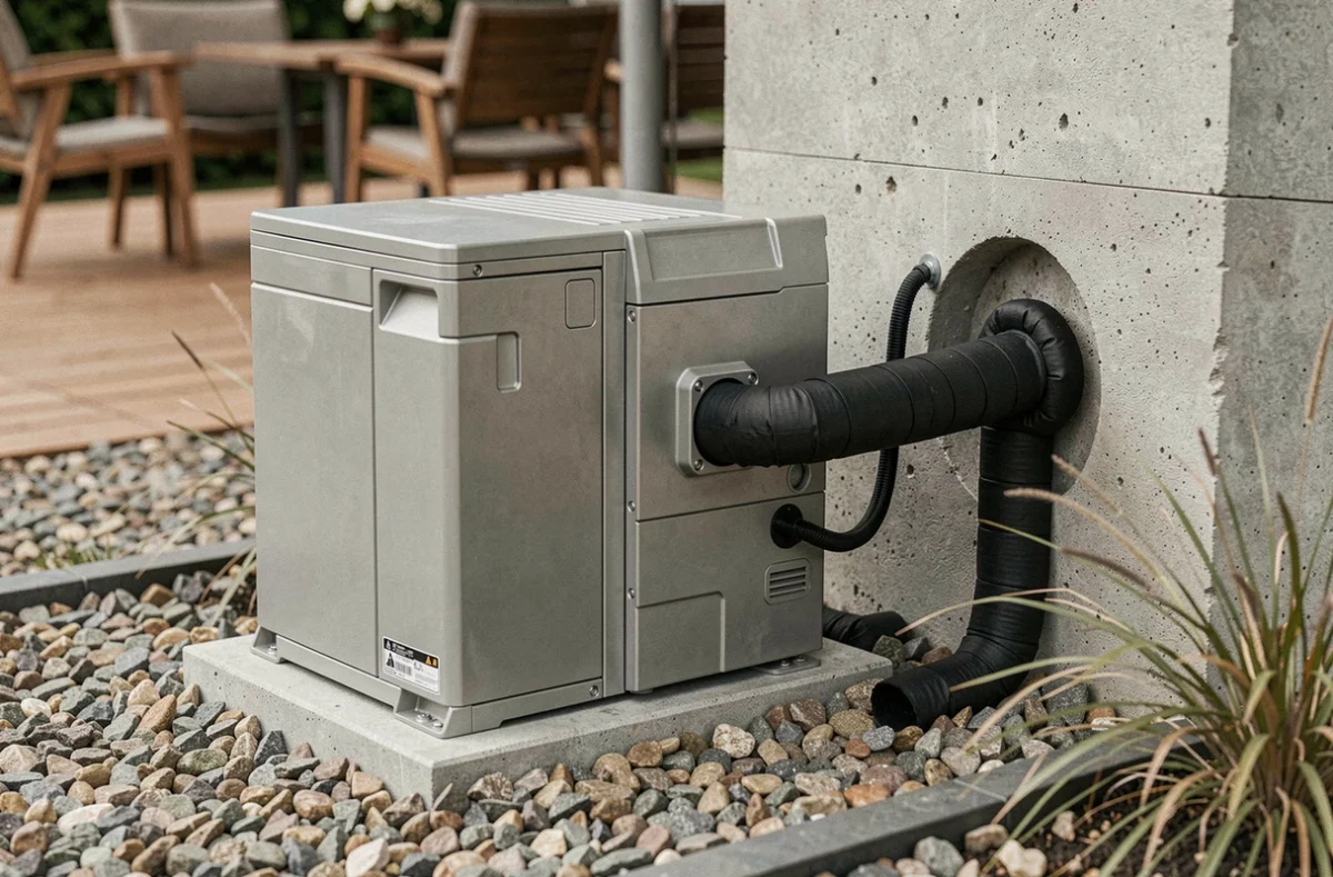 Unité extérieure de pompe à chaleur air-eau posée sur un socle en gravier en terrasse