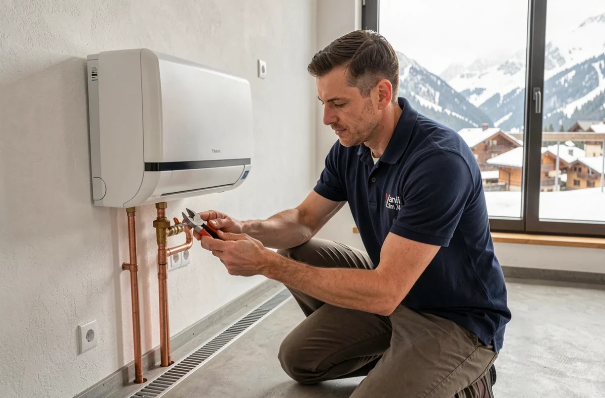 Technicien Vanti Clim 74 installant une unité de climatisation dans un appartement alpin moderne