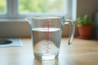 Verre mesureur d'eau de 200 cl sur plan de cuisine