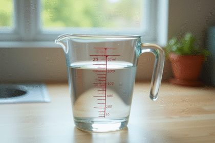Verre mesureur d'eau de 200 cl sur plan de cuisine