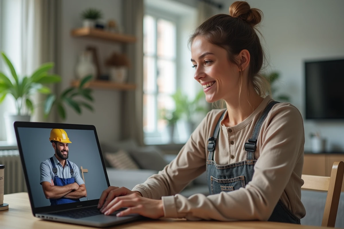 Femme en visioconference avec professionnel travaux