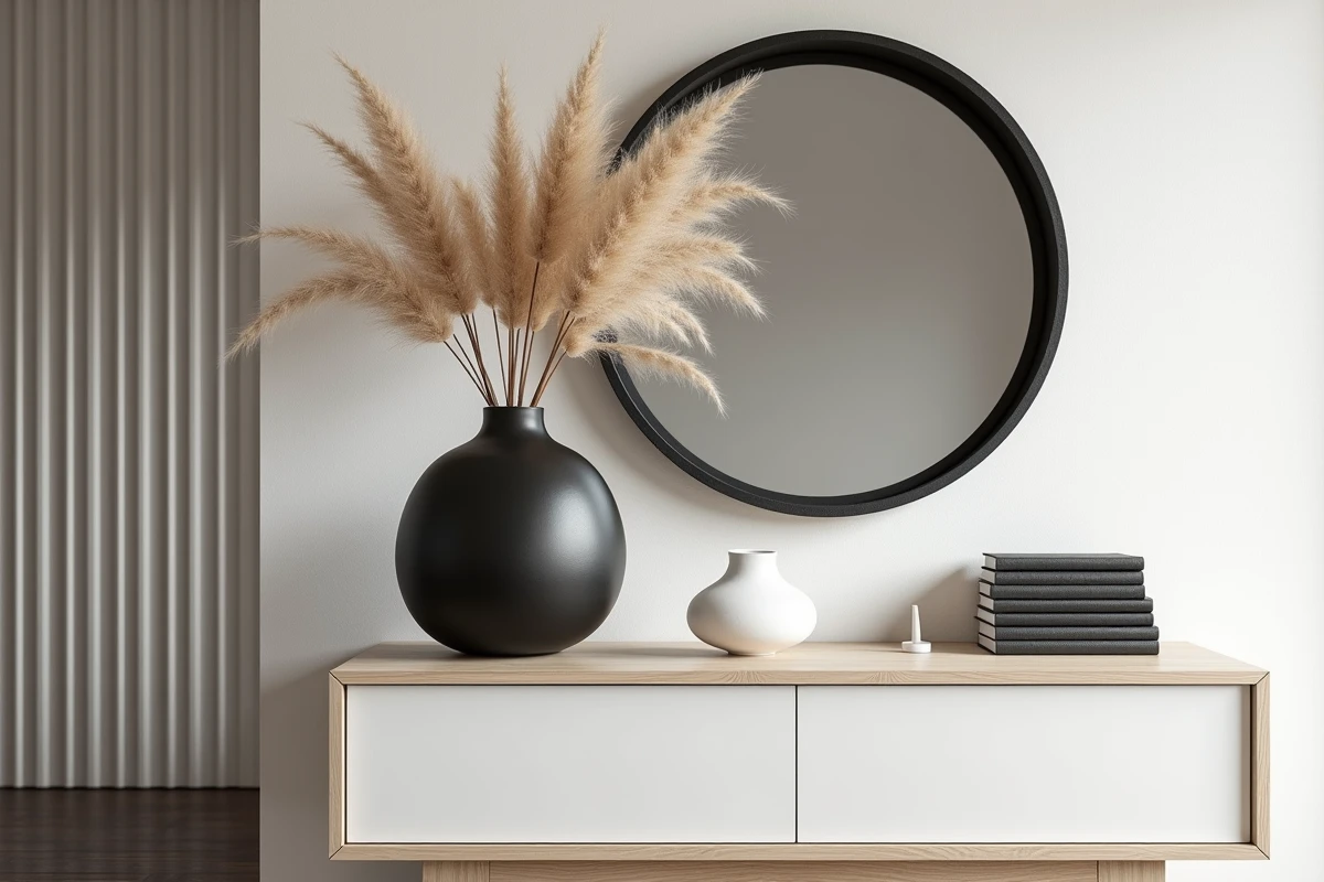 Vignette décorative tendance noir et blanc sur un buffet en chêne blanc avec vase noir, livres d'art et miroir convexe