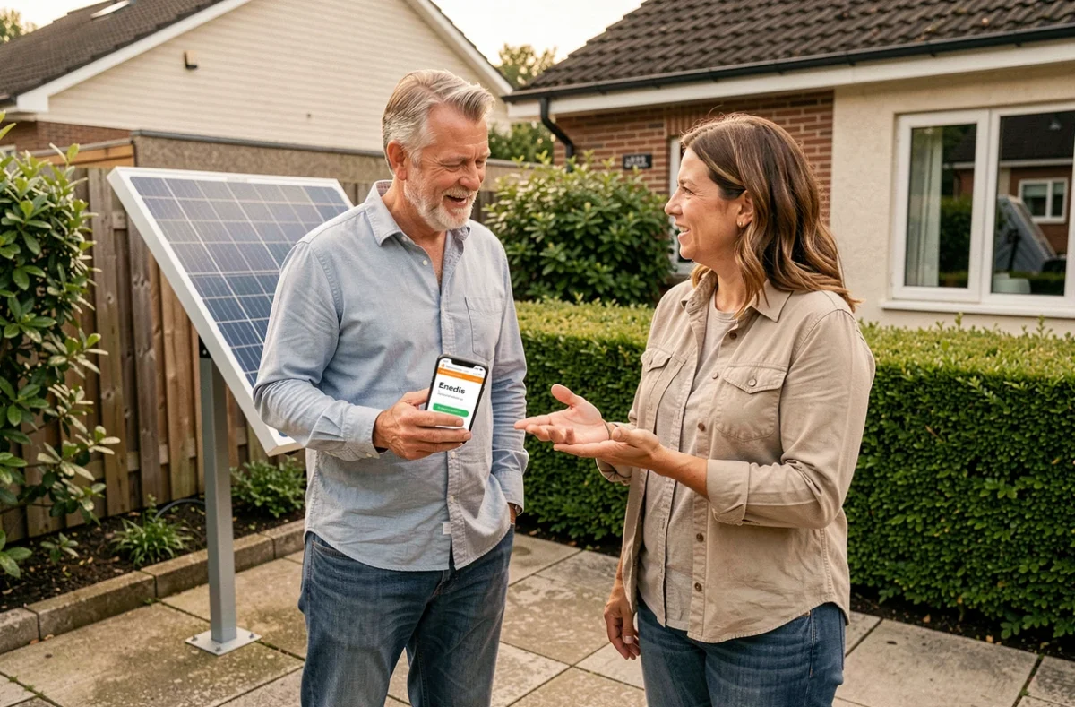 Deux voisins discutant de la déclaration Enedis d'un panneau solaire plug and play installé dans un jardin pavillonnaire