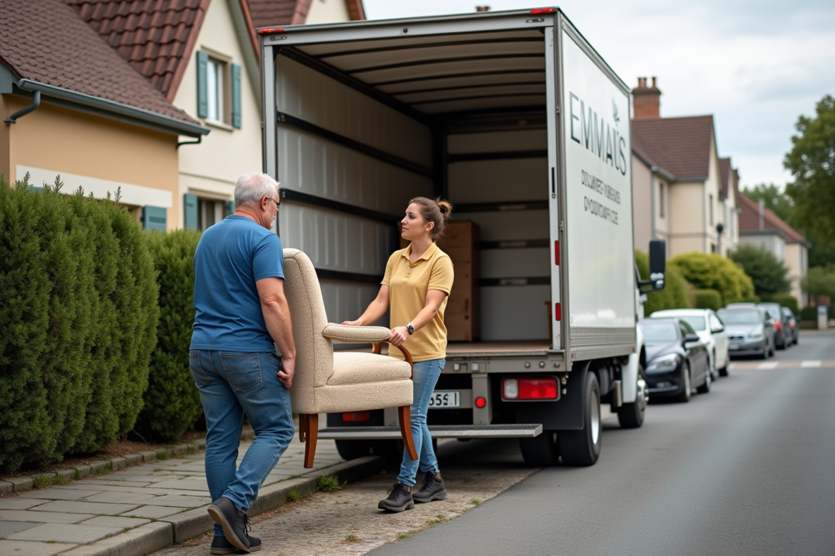 Volontaires Emmaüs transportent un fauteuil dans une rue française